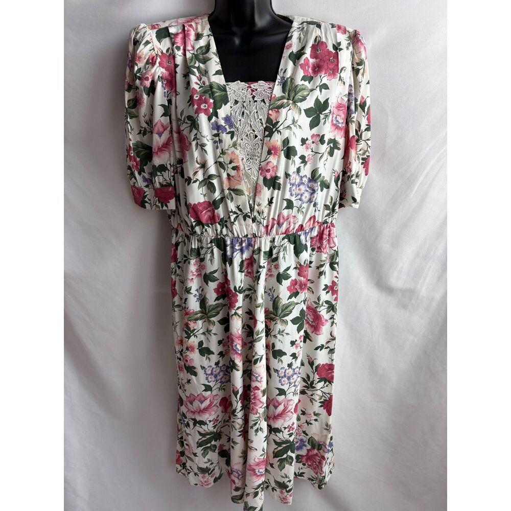 Vintage Just in Thyme Ltd Floral Cottagecore White Dress Size 12P Prairie Lace